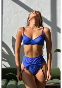 Electric blue woman lingerie set from transparent mesh
