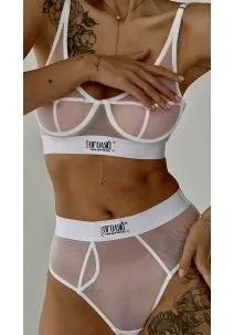 White lingerie set: stretch mesh bra and high-waisted slip or thong panties