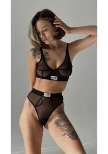 Black lingerie set: stretch mesh bra and high-waisted slip or thong panties