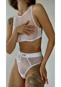 White lingerie set: elastic mesh halter and high-waisted slip/thong panties