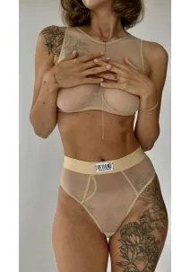 Beige lingerie set: elastic mesh halter and high-waisted slip/thong panties