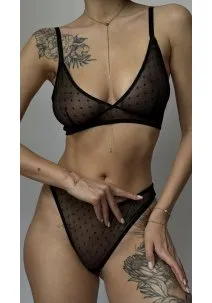 Black casual underwear set: soft mesh bra and slip panties