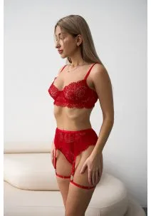 Red sexy woman lingerie set from 3d-effect lace: bra, panties and belt