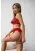 Red sexy woman lingerie set from 3d-effect lace: bra, panties and belt
