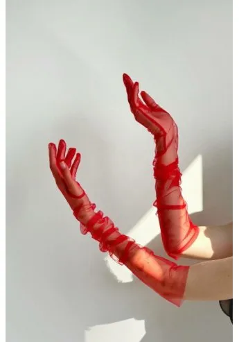 Soft red mesh gloves long type