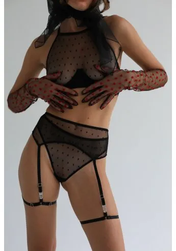 Black lingerie set: dotted mesh halter,  thong panties and belt